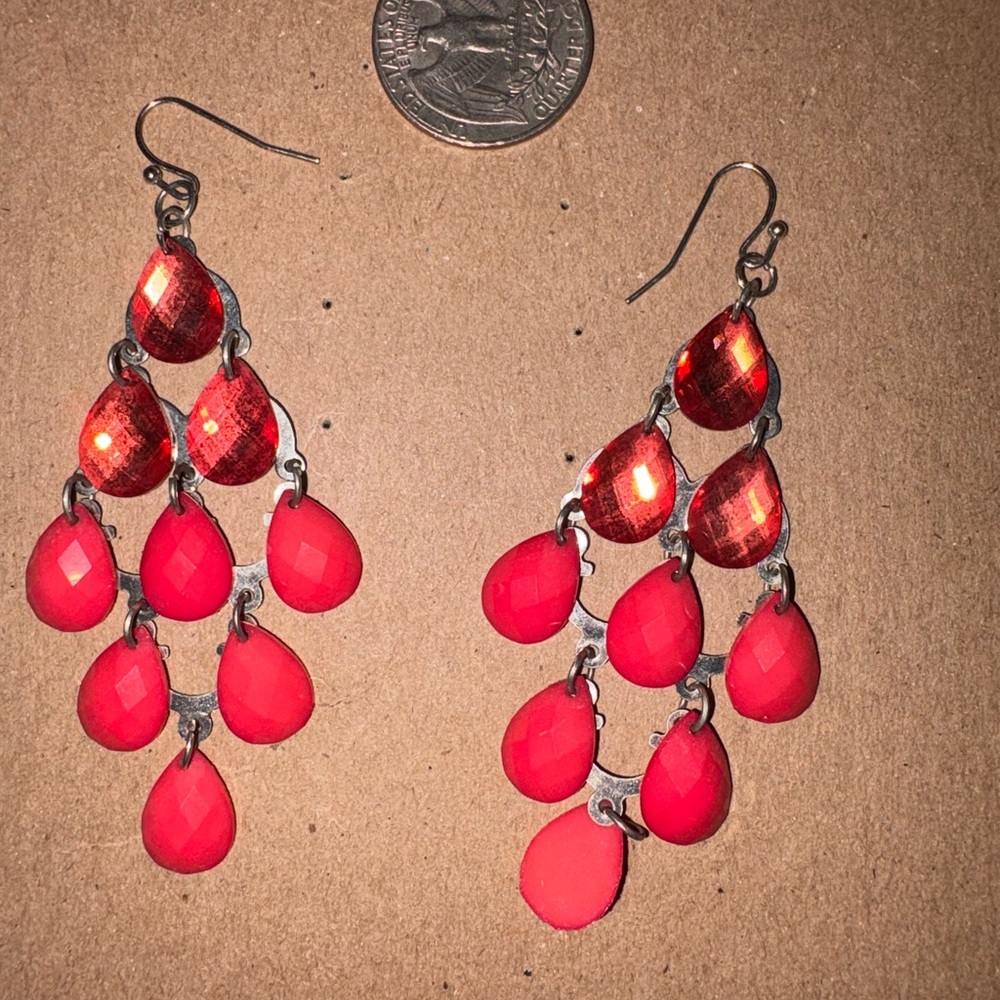 Red Teardrop Chandelier Earrings - Unbranded
